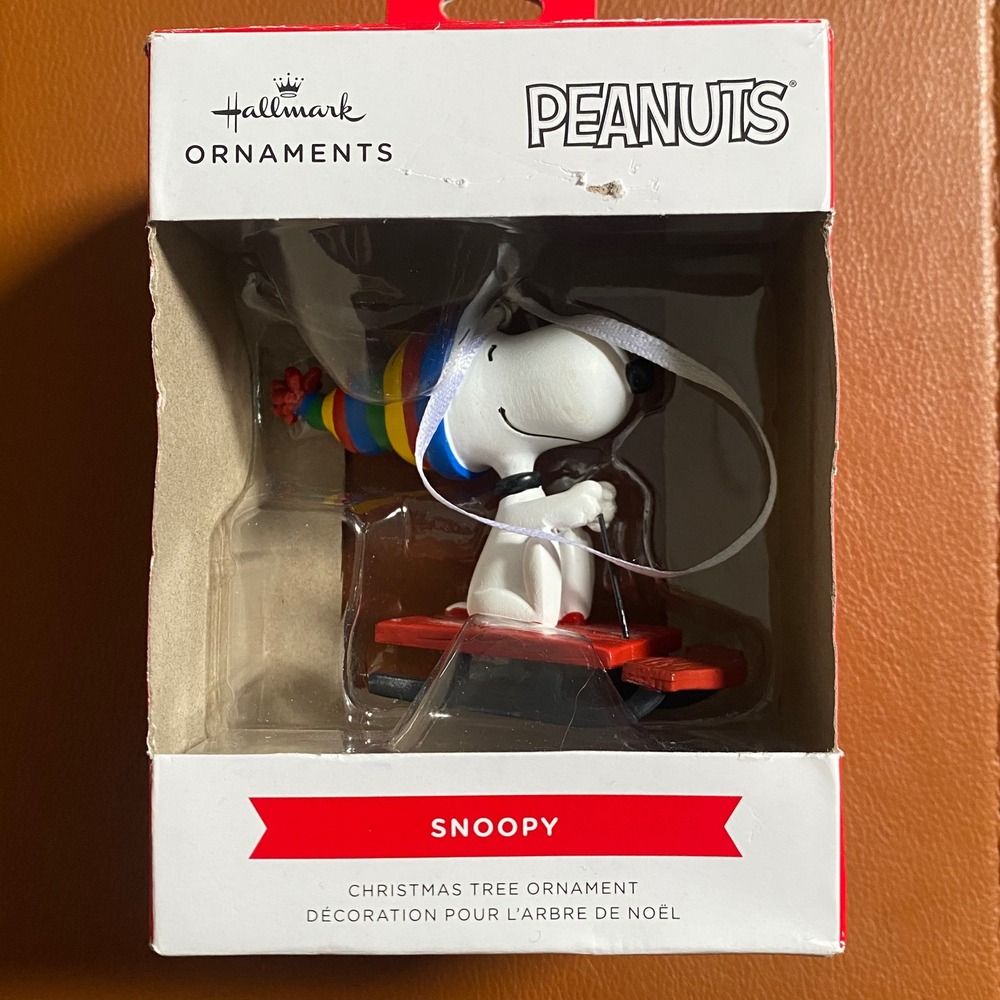 READ Hallmark Peanuts Snoopy on Sled Christmas Ornament Multi-Color Striped Hat
